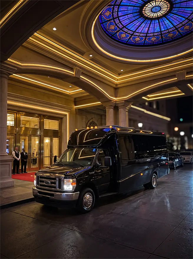Black shuttle bus parked in front of a casino at night time