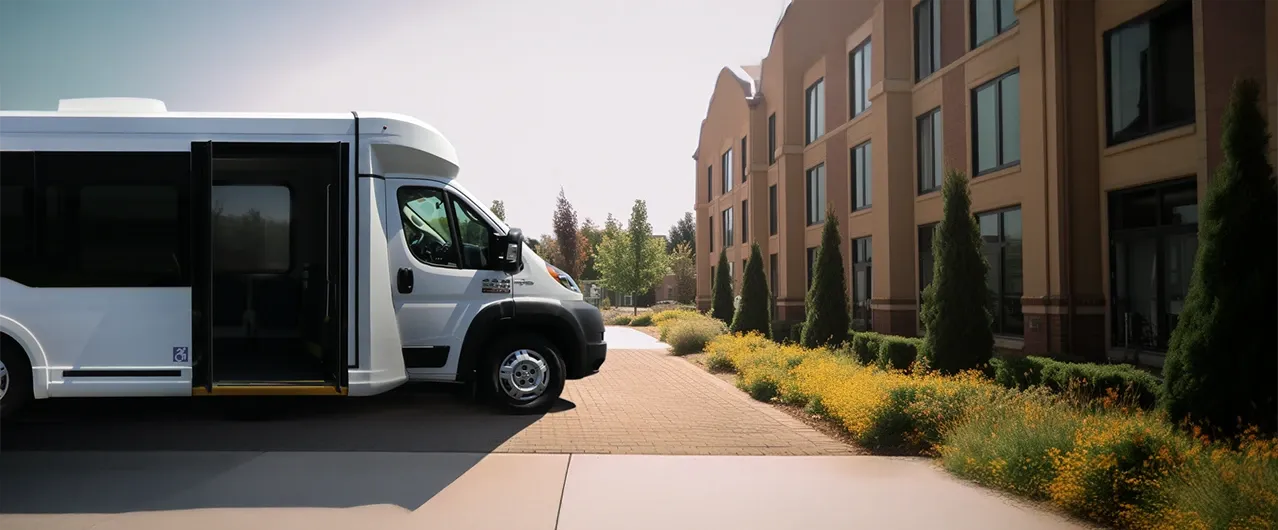 white shuttle accessible van parked in front of a retirement home