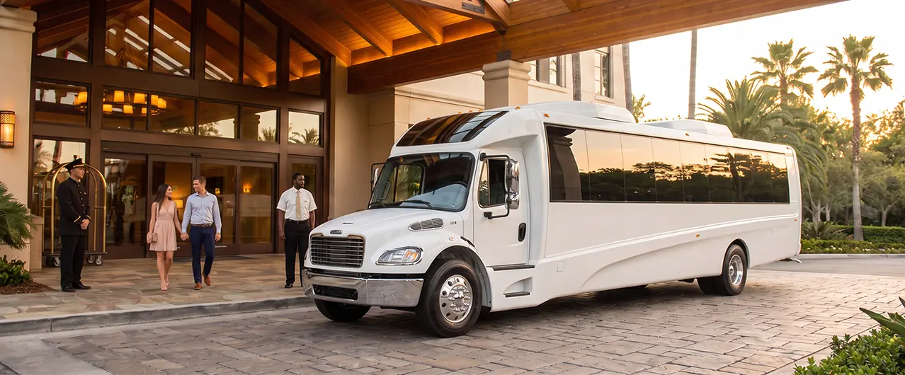 exterior of a resort hotel and a white shuttle bus parked out front