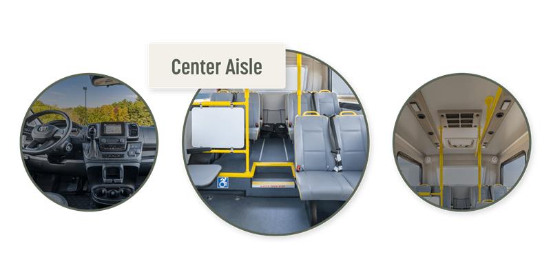 Interior of a commercial minibus showing center aisle layout with gray passenger seats and yellow safety rails.