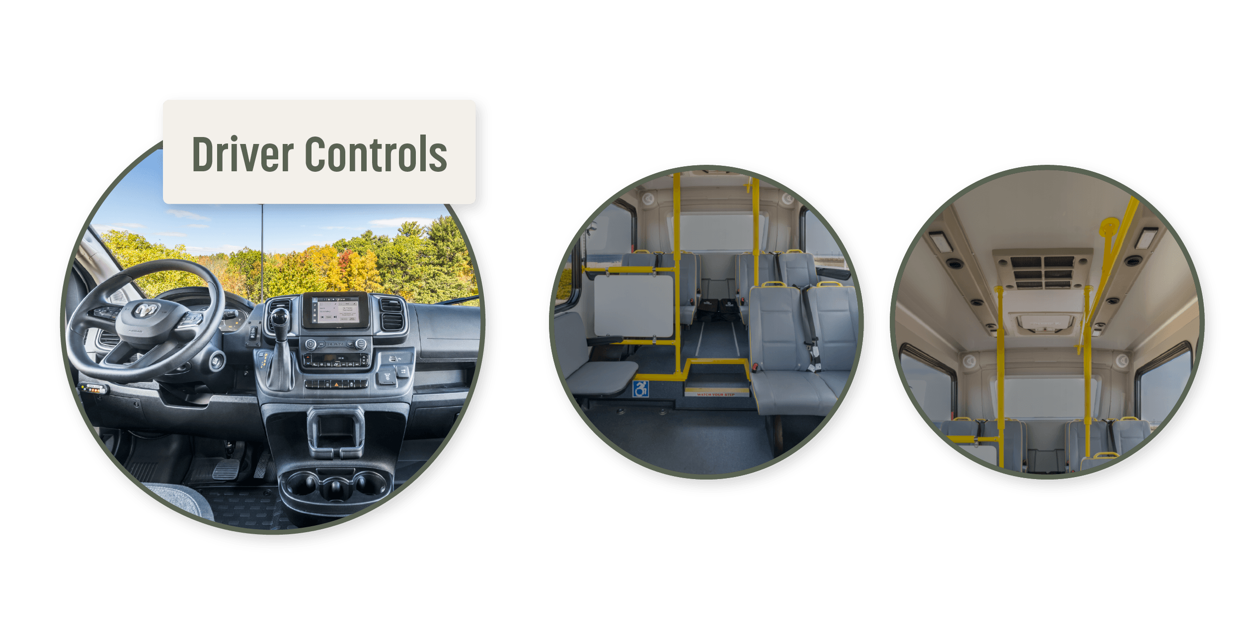 Driver cockpit of a commercial minibus showing steering wheel, dashboard controls, and center console.