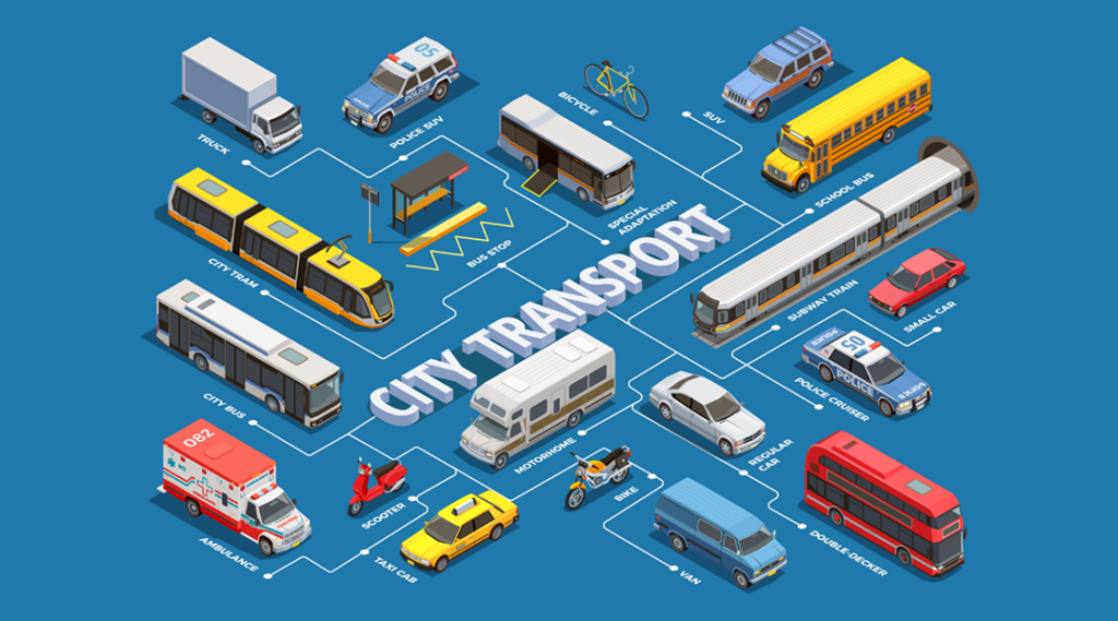 Illustration of city transportation vehicles on a blue chart.