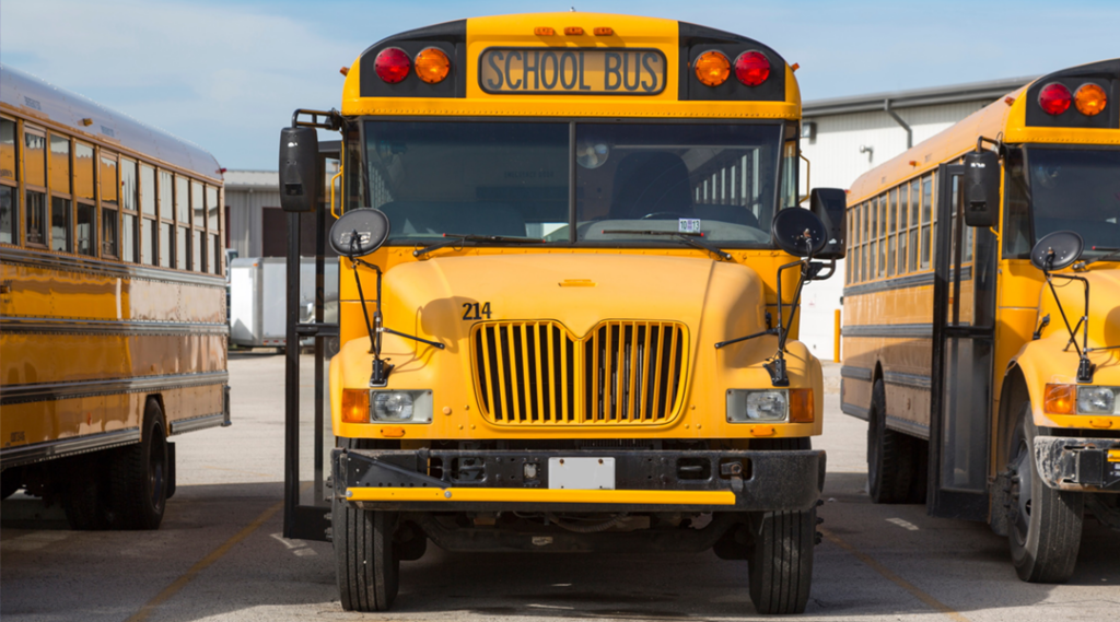 A fleet of yellow school buses parked in a line.
