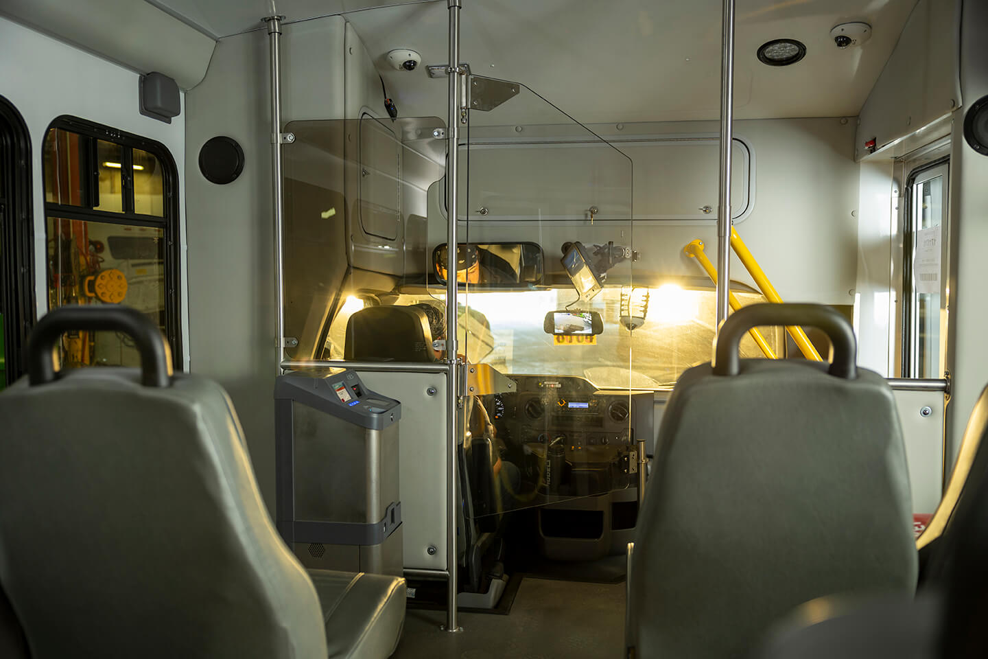 The inside of a bus.