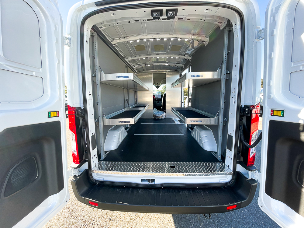 E-Transit Cargo - looking into interior with folding shelves down