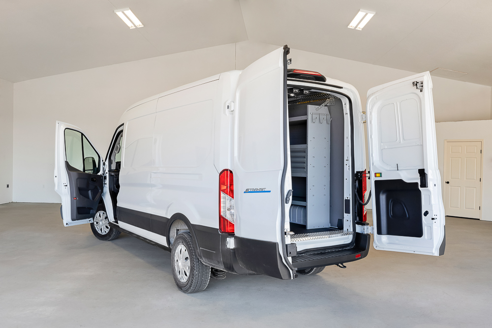 E-Transit Cargo - General Contractor rear, driver's side doors open