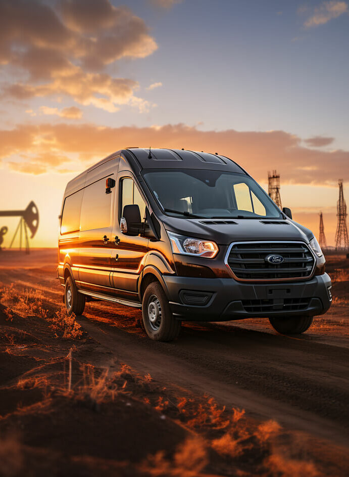Ford Transit van, transporting oilfield crews, is driving down a dirt road at sunset.