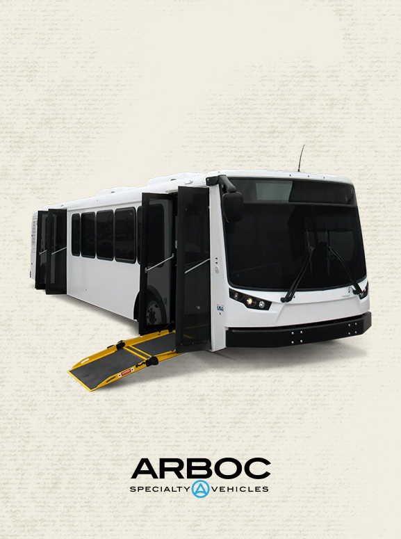 Arboc low floor bus with ada wheelchair ramp, making it handicap assessible.