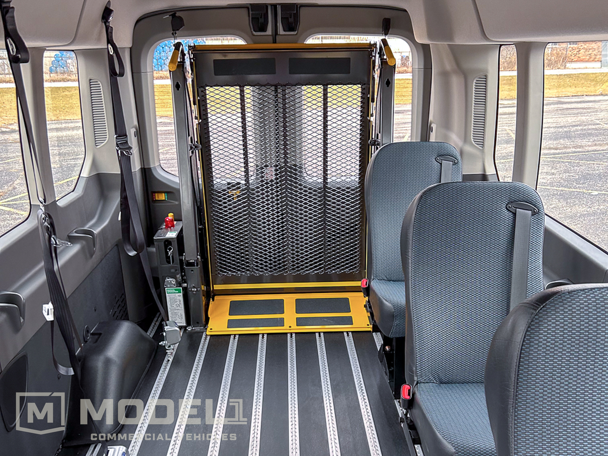 The interior of a Forest River Transit with a wheelchair lift.