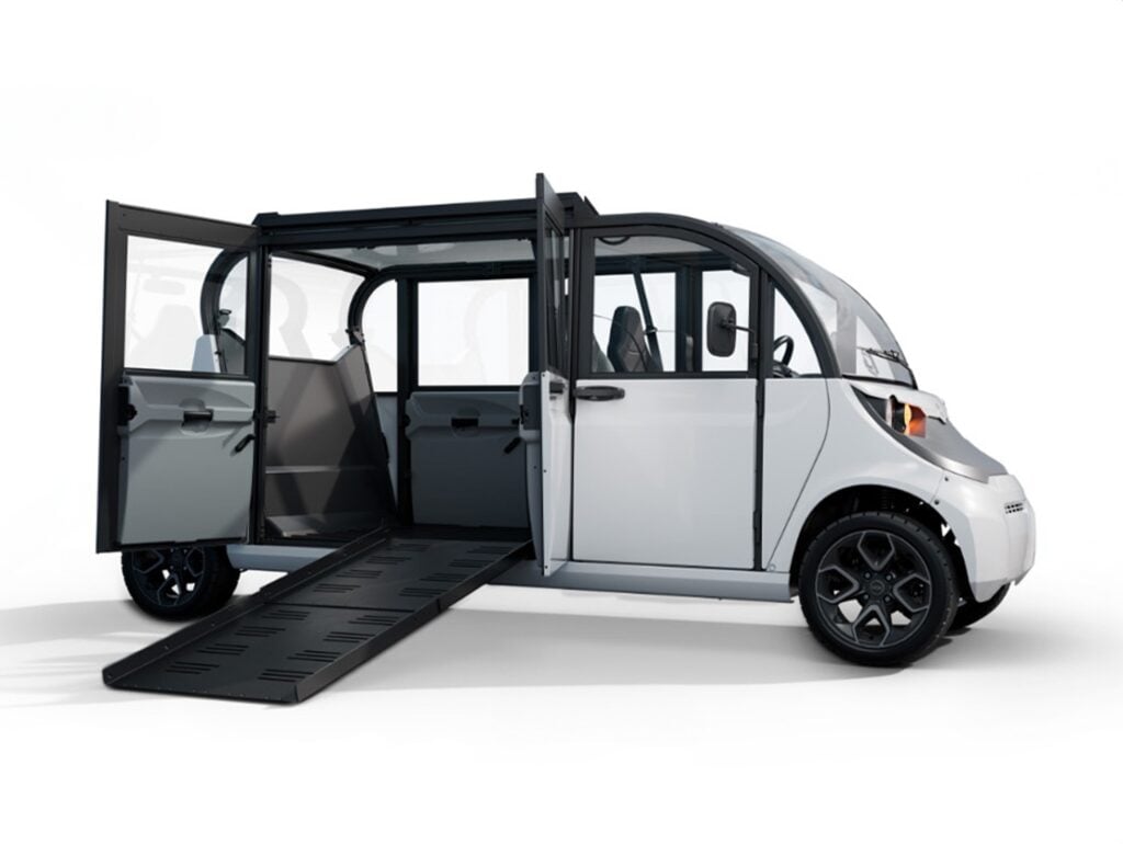 A GEM WAV with its wheelchair ramp deployed.