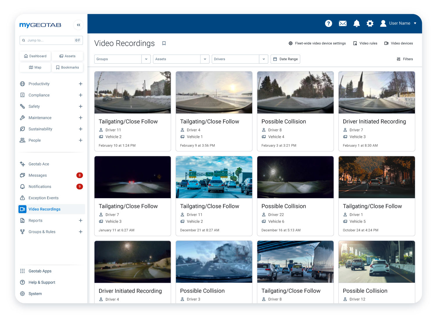 My Geotab telematics software recordings library.