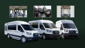 Multiple Ford E-Transit configurations including passenger shuttle, cargo van, and ADA-compliant transit varieties at Model 1.