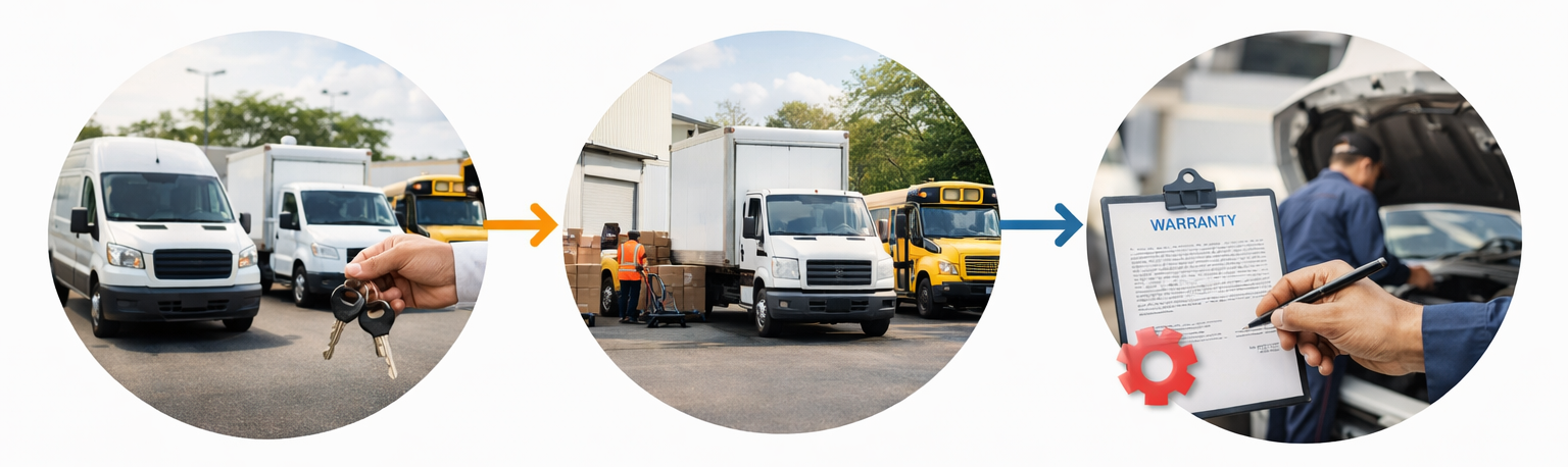 commercial fleet lifecycle showing vehicle acquisition, operation in service, and maintenance warranty support across transit vans, box trucks, and school buses