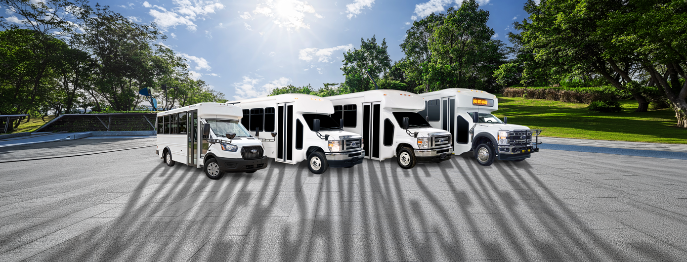 Four busses in a row with a shadow casting from them that says "summer savings event."