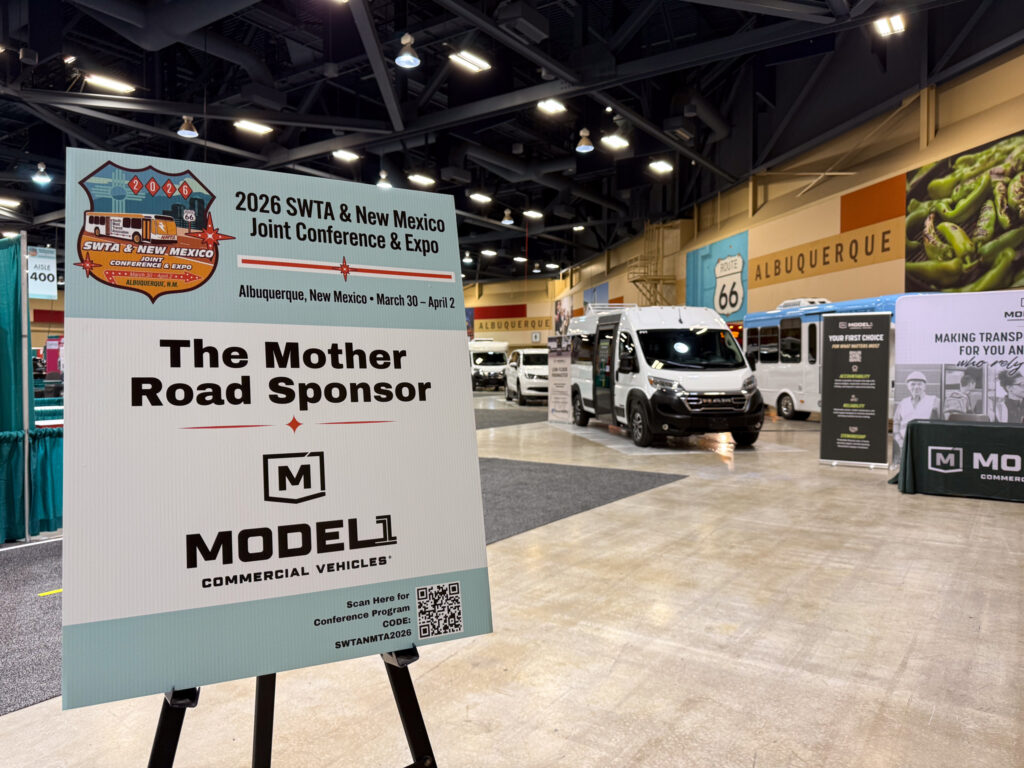 Model 1 booth and vehicles on display at SWTA 2026 transit expo in Albuquerque