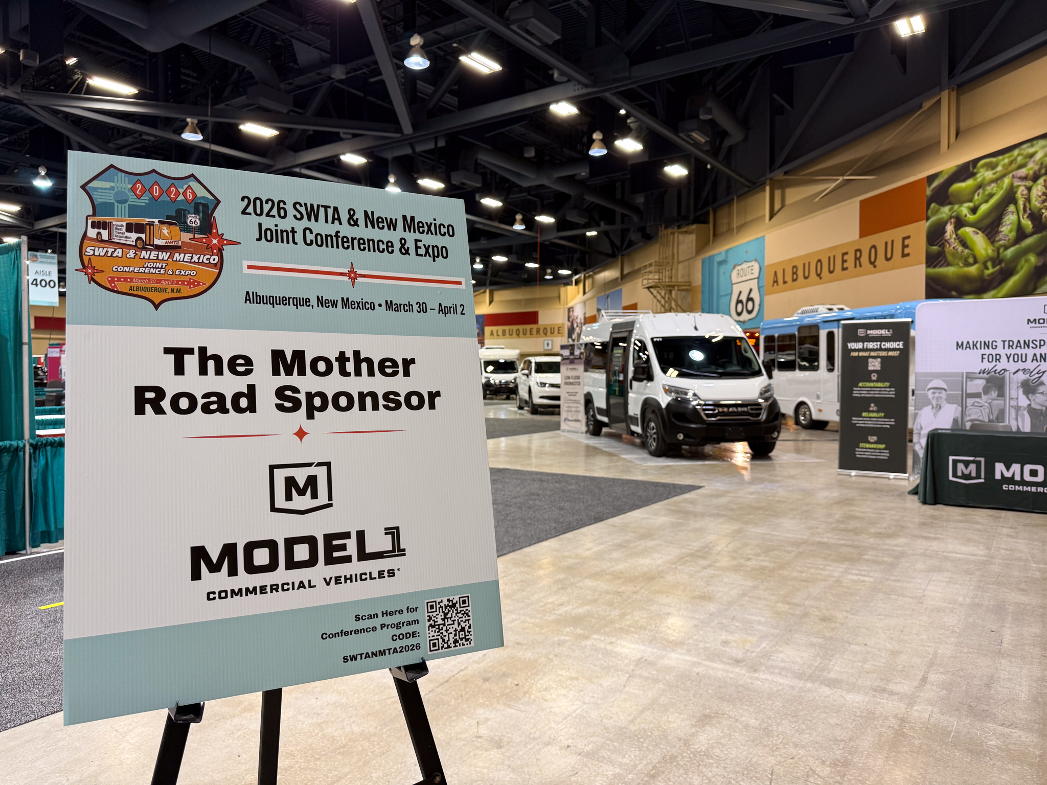Model 1 booth and vehicles on display at SWTA 2026 transit expo in Albuquerque