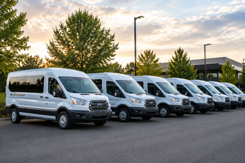 Fleet of white Ford Transit passenger vans available for short-term commercial rental