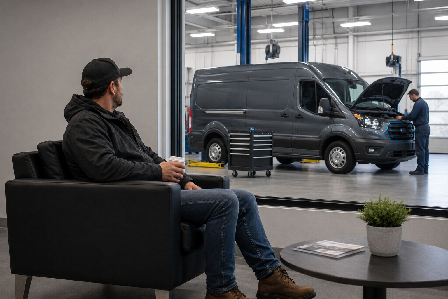 Fleet maintenance technician inspecting a commercial vehicle in a service bay to prevent costly breakdowns and minimize vehicle downtime.
