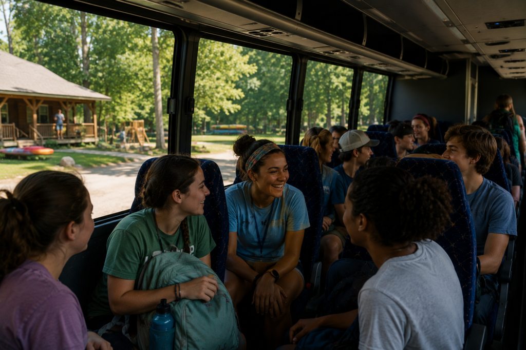 Summer camp counselors and campers riding a rented shuttle bus to camp activities