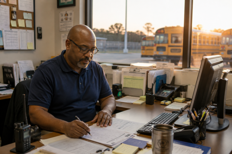 School transportation dispatcher reviewing route paperwork at his desk with buses staged outside