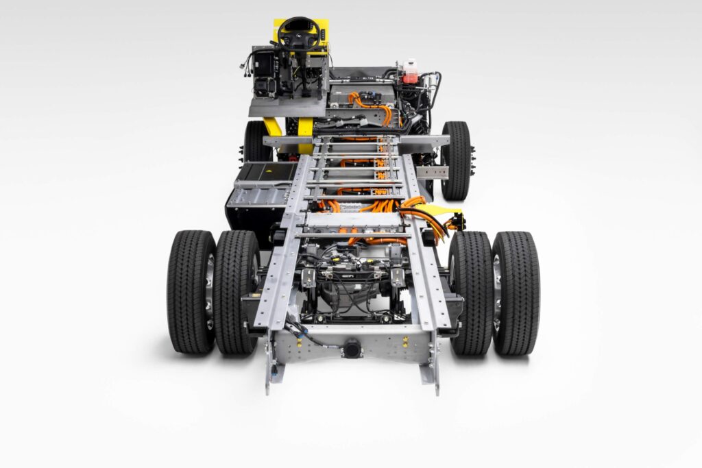 Harbinger stripped electric chassis platform designed for commercial step vans and box trucks.