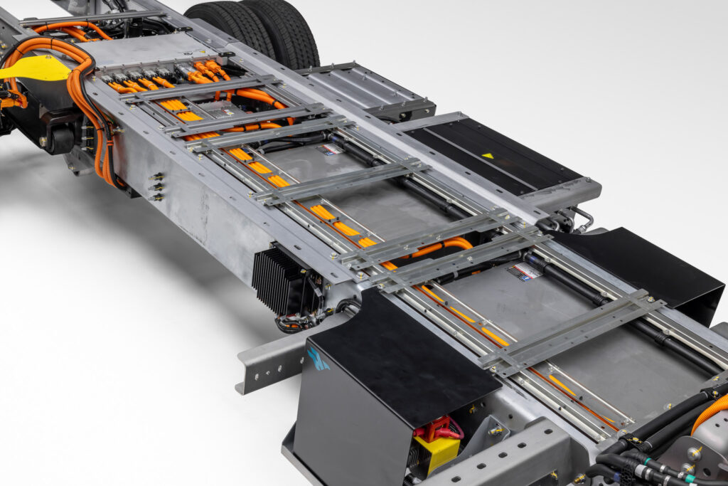 Harbinger electric chassis frame with integrated battery system for step van and box truck applications.