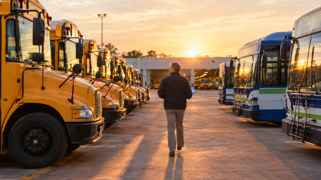 Man walking through the bus lot in the morning.