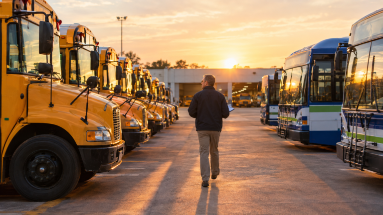 Man walking through the bus lot in the morning.