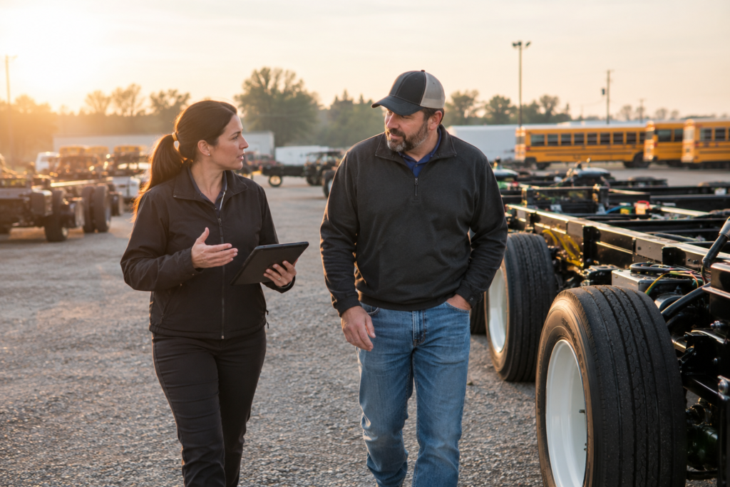 A fleet manager reviews a new chassis order with a Model 1 representative.