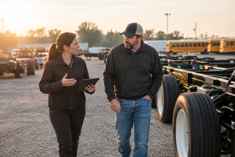 A fleet manager reviews a new chassis order with a Model 1 representative.