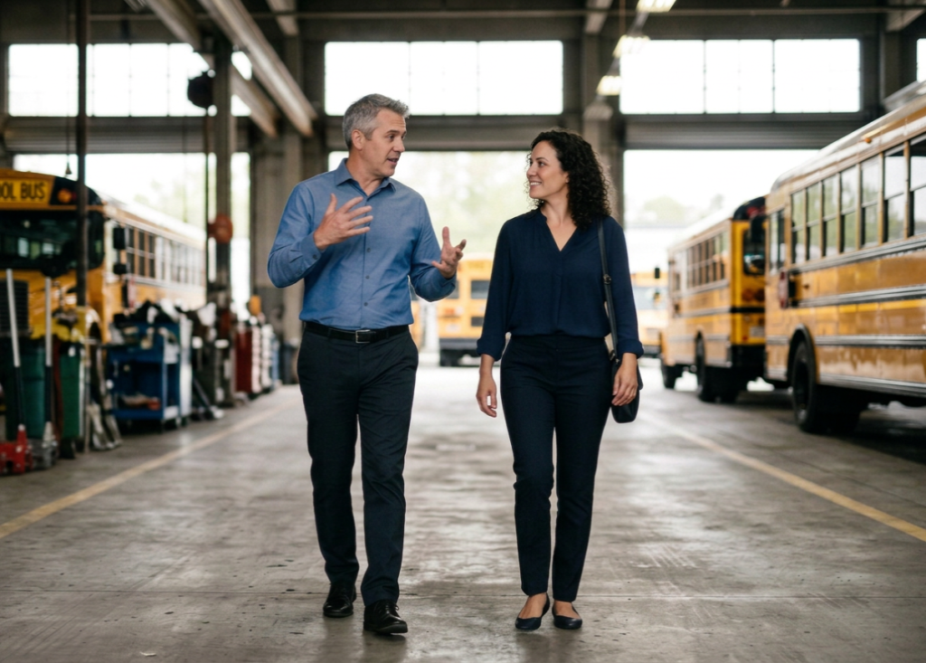 Fleet managers walking through a service shop.