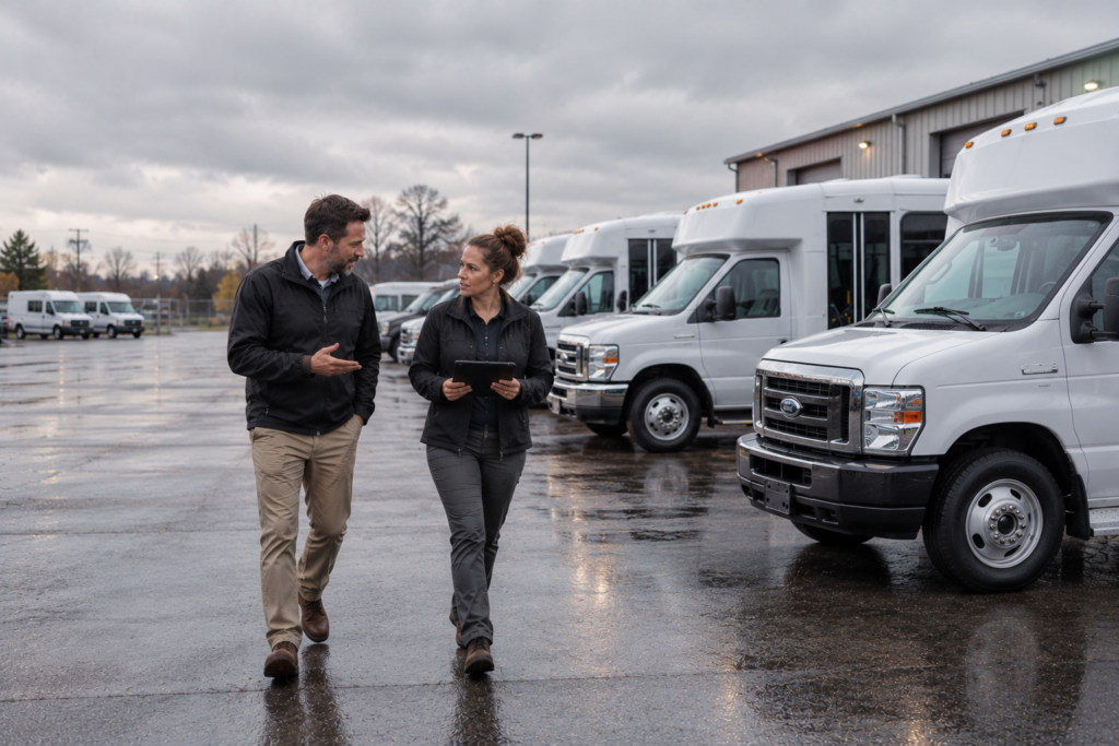 Two fleet managers walking past white fleet vehicles.
